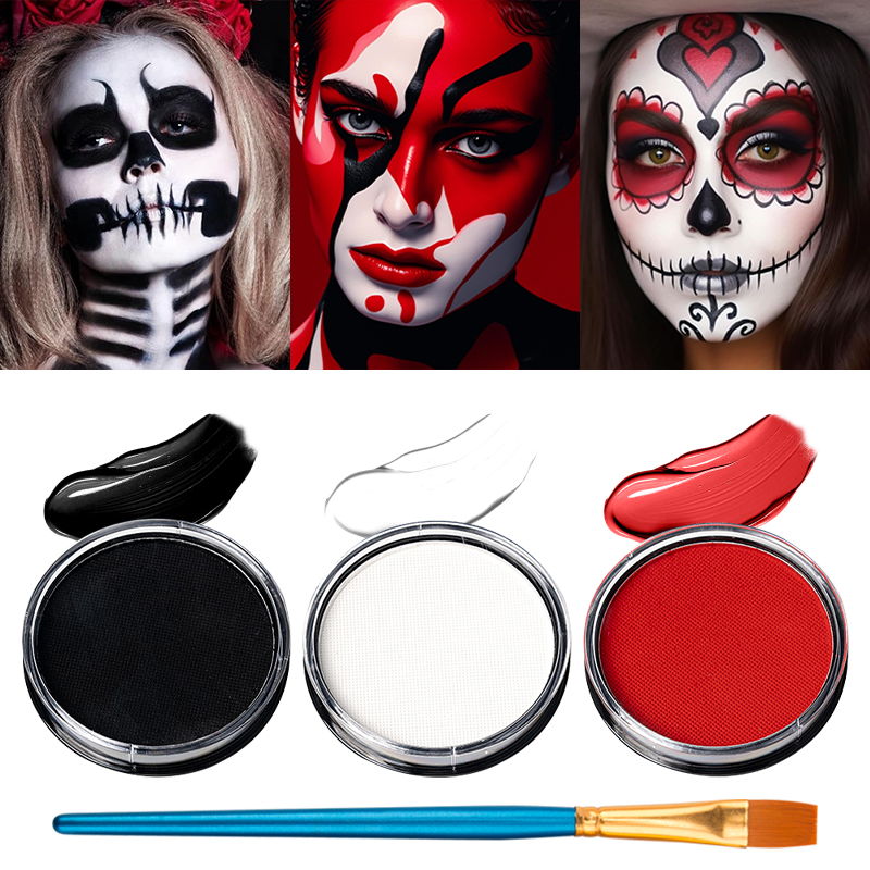Cosplay Prop Paint - 3-teiliges Schwarz-Weiß-Rot Wasserbasiertes Gesichtsfarben-Set mit Gratis-Pinsel,