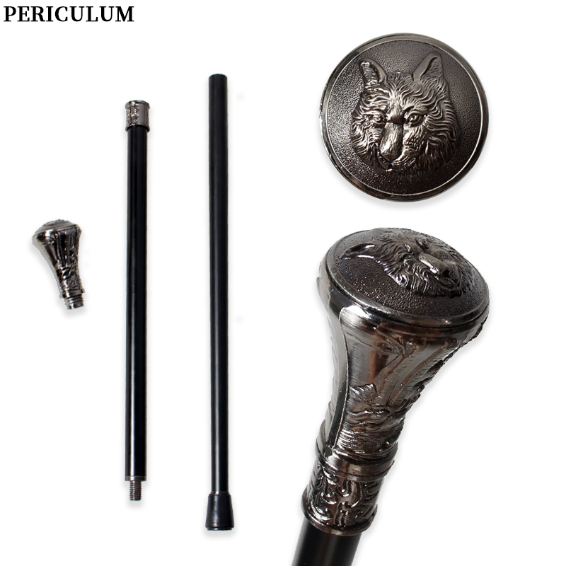 Detachable Cosplay Prop - Antiker silberner Gehstock mit geschnitztem Wolfskopf